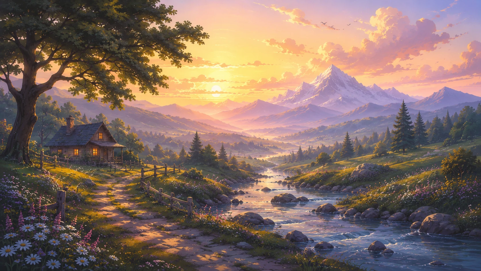 A warm mountain valley at sunset, crossed by a clear river